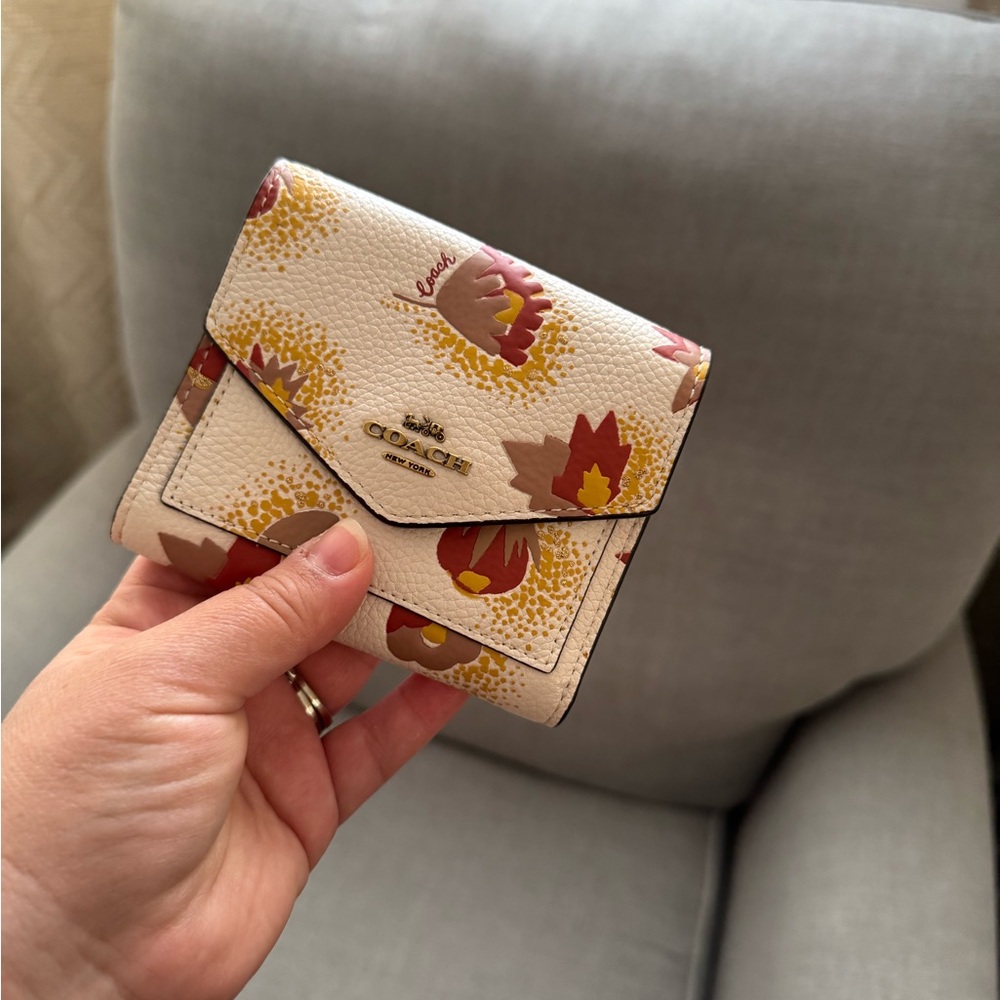 Coach Compact Floral Fold Wallet in Cream, Red and Tan